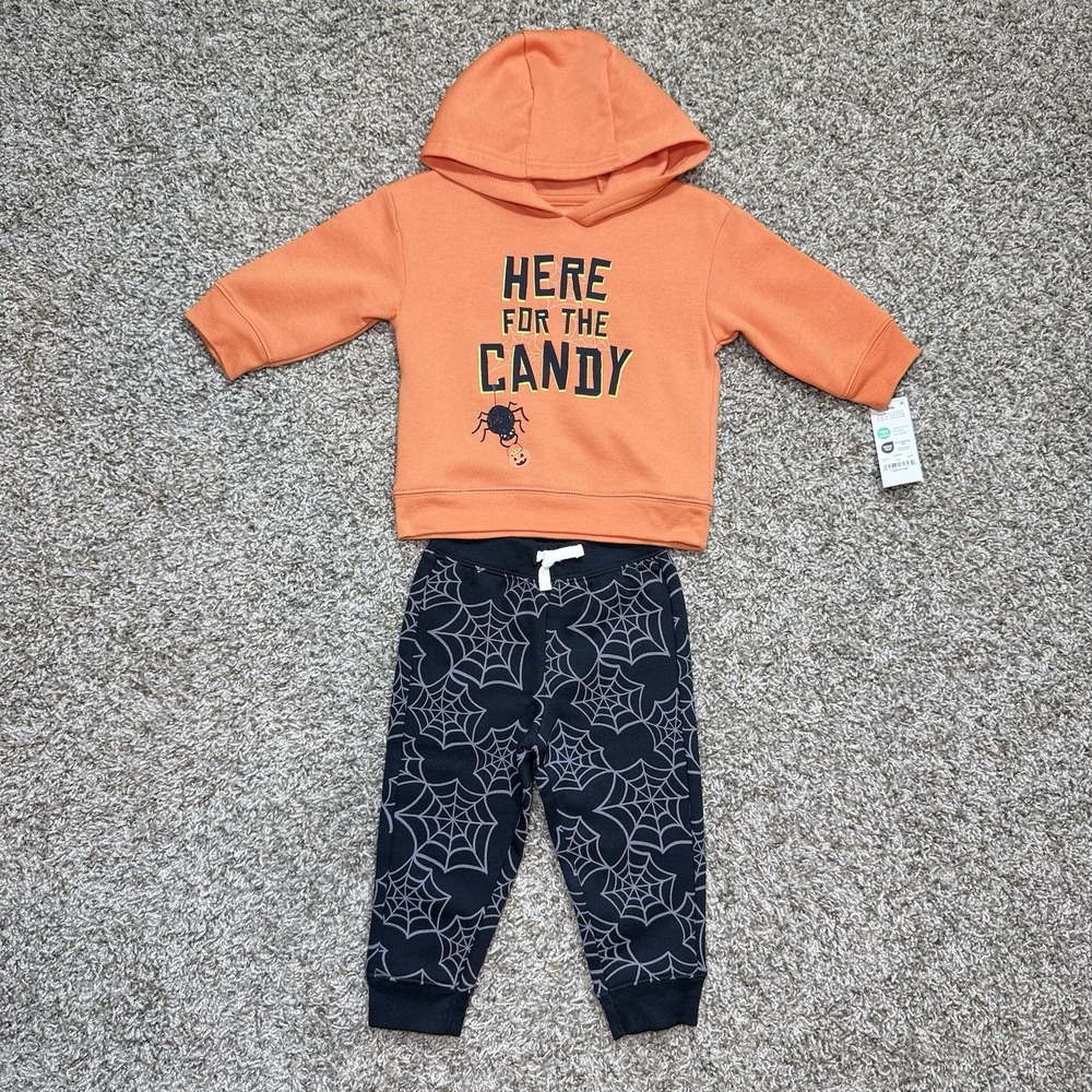 Carters Child of Mine Baby 12M Halloween Hoodie Pants 2pc Spider Web Outfit NWT